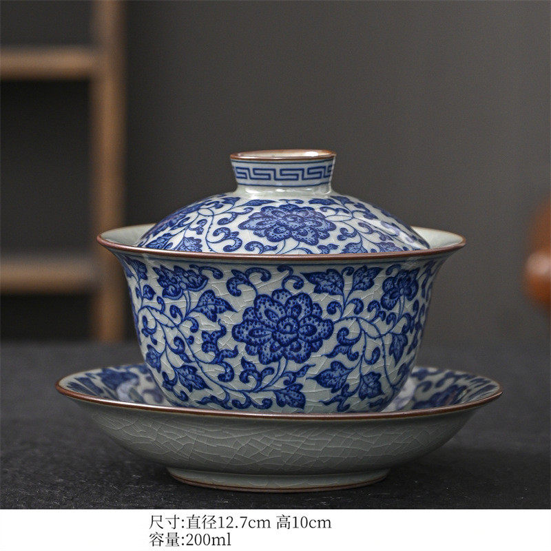 大号盖碗仿古中式陶瓷功夫茶具泡茶碗开片可养泡茶器家用青花茶碗