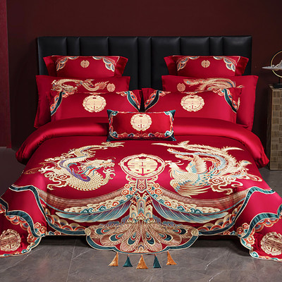 ri0t婚庆四件套大红140支长绒棉刺绣龙凤结婚房嫁喜庆床上被