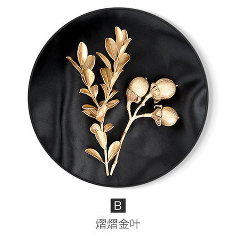 北欧轻奢圆形装饰画金色叶子玄关挂画铝合金创意框画圆卧室壁画图片