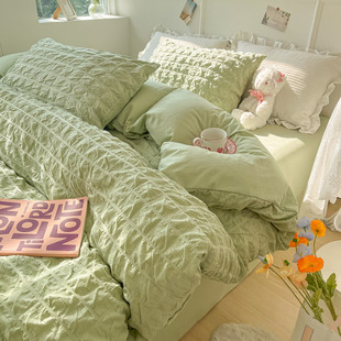 床单被套公主风床上四件套夏季 单人床宿舍泡泡纱三水洗棉ins床品4