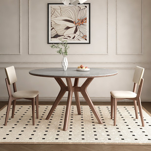 热销白蜡木板带岩餐桌转盘家用圆桌奶油风胡桃色餐桌椅组合纯实木