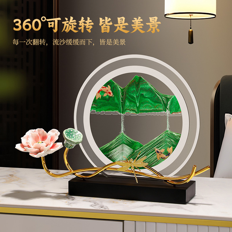 海贝海新中式客厅玄关荷花流沙画摆件轻奢酒柜办公室沙漏装饰礼品图片