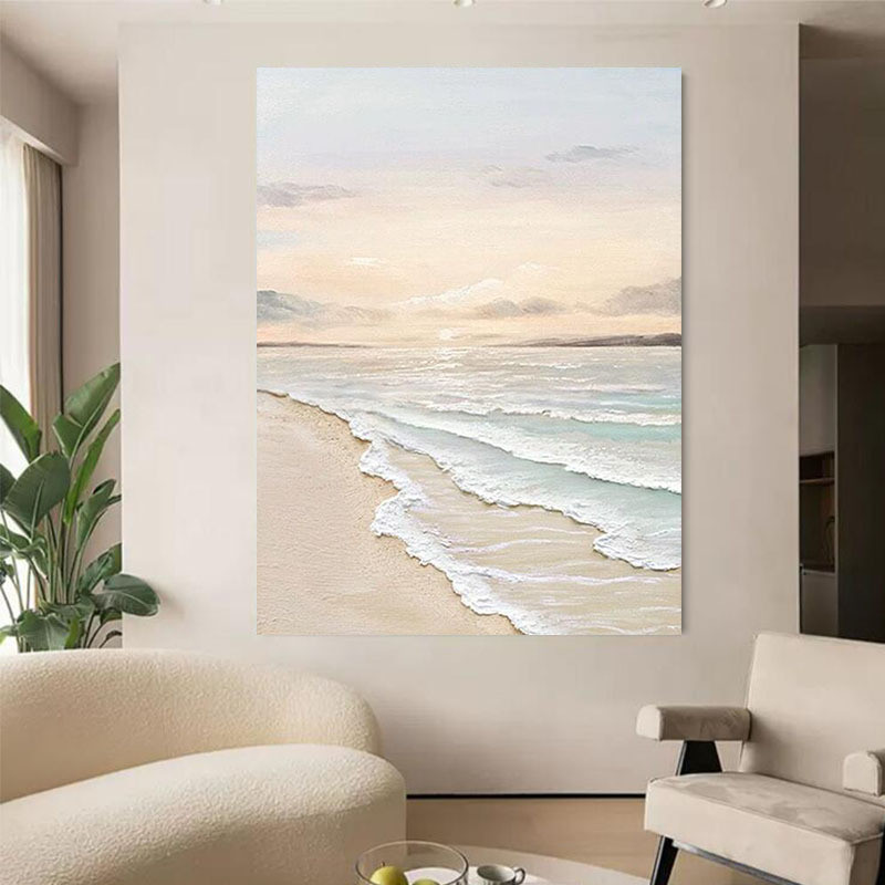 纯手绘油画极简茶室抽象海景奶油风玄关卧室客厅装饰画手工壁画