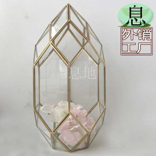 35j包邮!工厂直销金色微景观几何铜条多肉植物玻璃花房高端蜡烛台