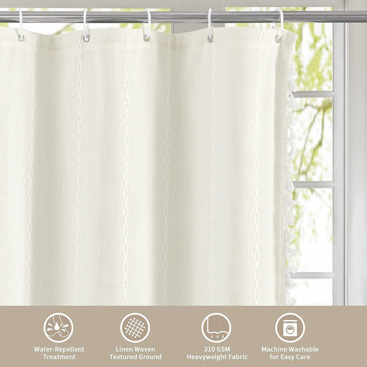 防水浴帘绿色波西米亚流苏乡村风格棉麻农舍重型浴室帘套装