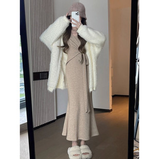 法式 包臀鱼尾连衣裙秋冬纯欲风气质绑带中长裙子 高级感修身