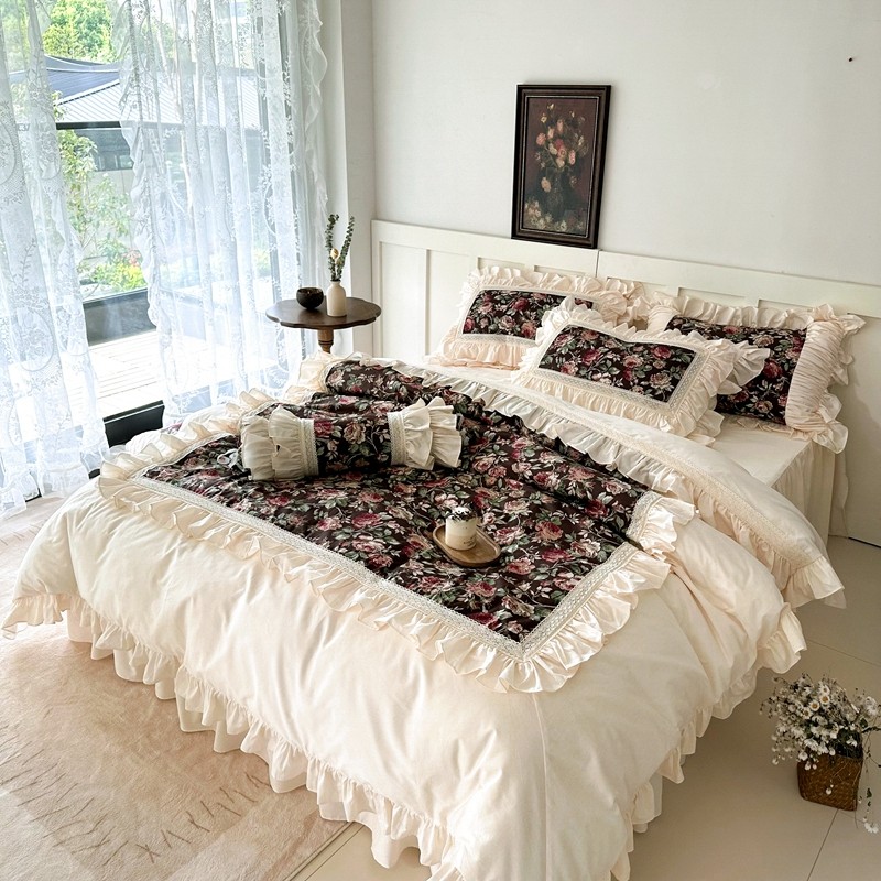 v5ha蕾丝浪漫碎花床上四件套100田园公主风法式荷叶花边