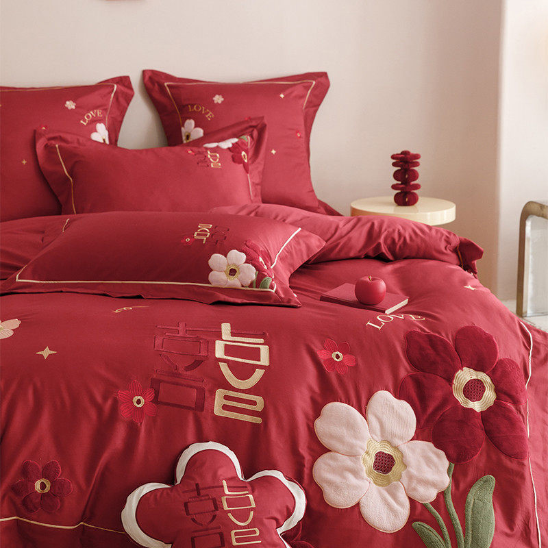 新中式大花婚庆四件套全棉100支贴补刺绣红色结婚被套床单1.8床笠,床上用品,婚庆床品套件,淘宝优惠券,粉丝福利购,淘宝优惠卷