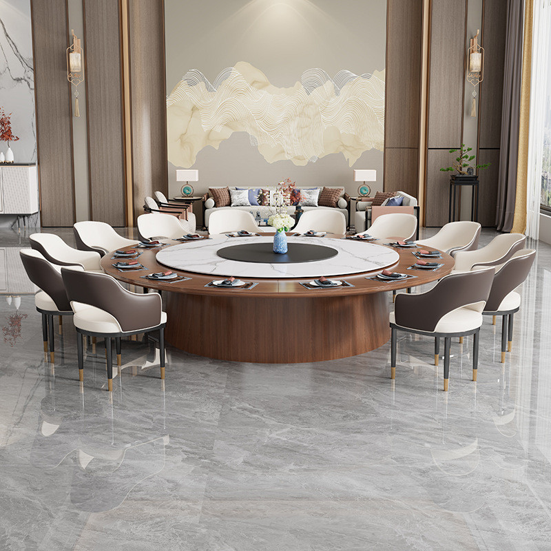 酒店实木餐桌电动大圆桌16人带岩板自动转盘饭店包厢圆形2.6m商用