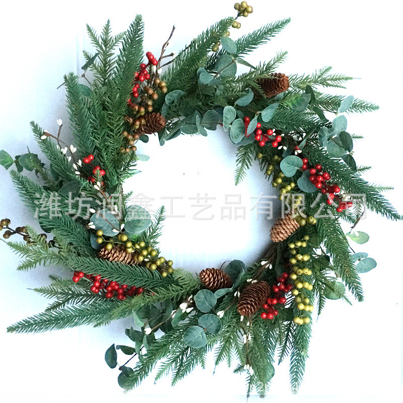 仿真装饰花环红色浆果花环圣诞节圣诞松针花环门挂壁挂批发