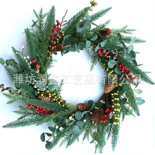 仿真圣诞花环红色浆果花环圣诞节装饰松针花环门挂壁挂批发