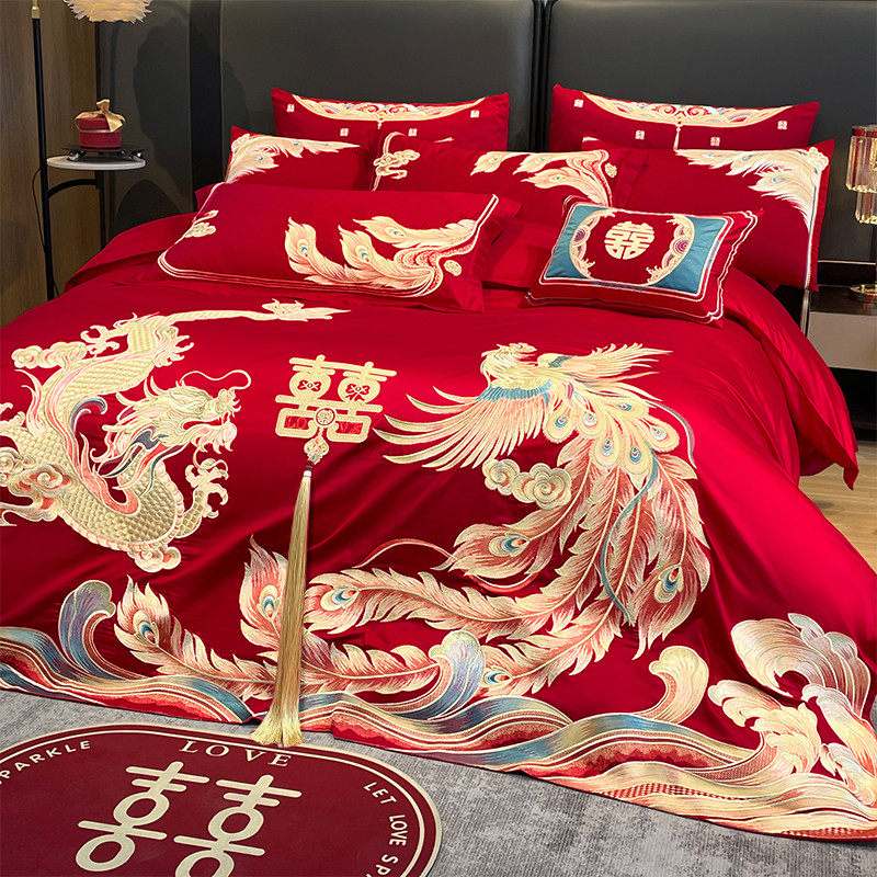 si6k绣花婚庆四件套红色刺绣婚房婚礼中式喜被结婚被套床上,床上用品,婚庆床品套件,淘宝优惠券,粉丝福利购,淘宝优惠卷