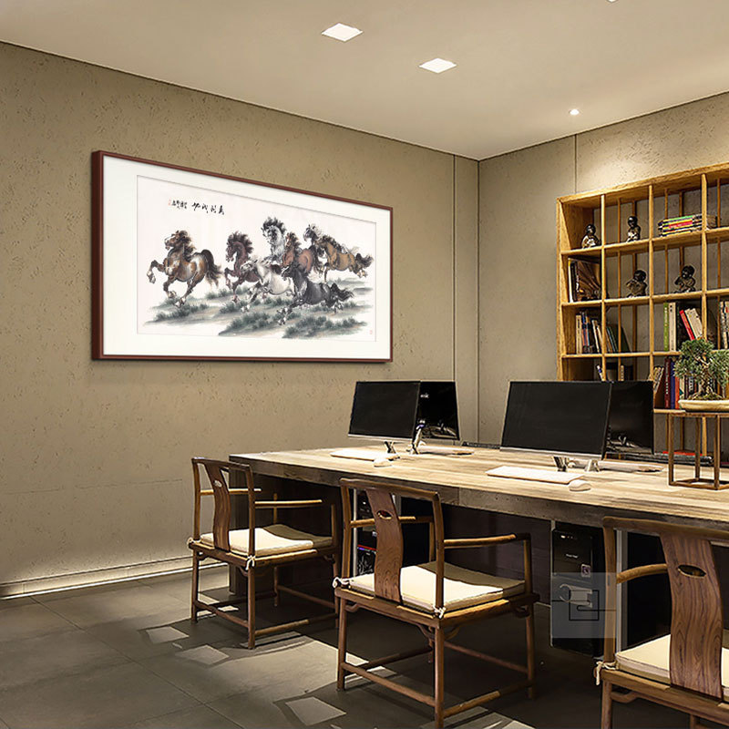 马到成功挂画八骏图客厅动物装饰画骏马镜框办公室国画画芯批发