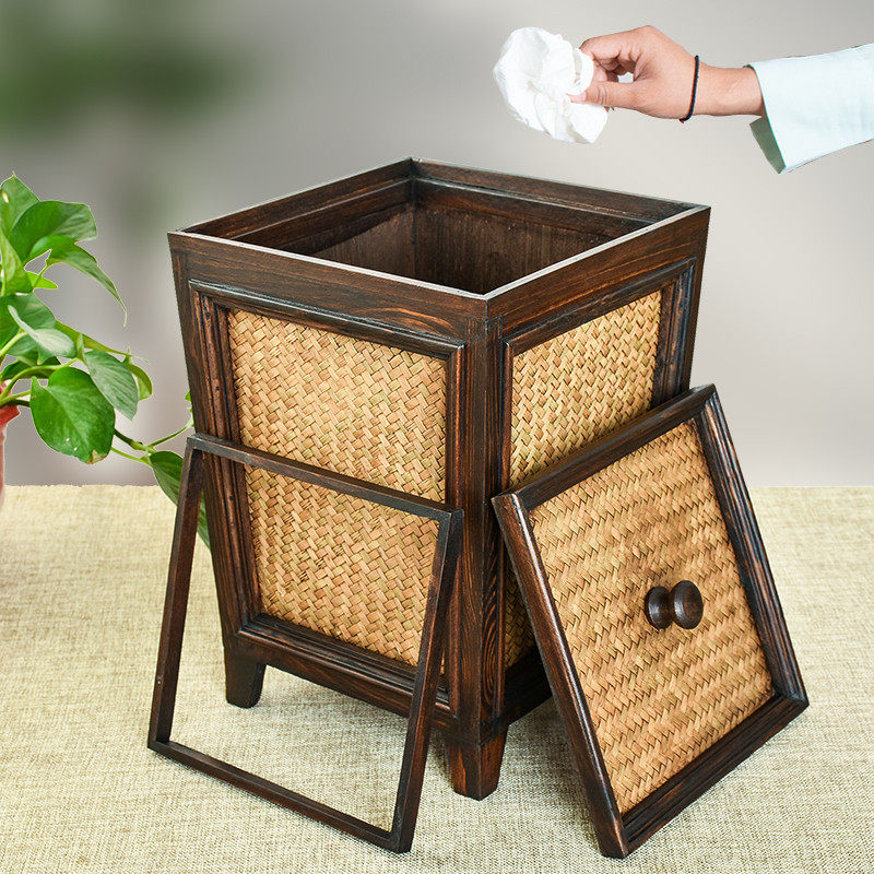 藤编垃圾桶带盖家用客厅创意垃圾篓复古木质新中式卫生间竹编纸篓