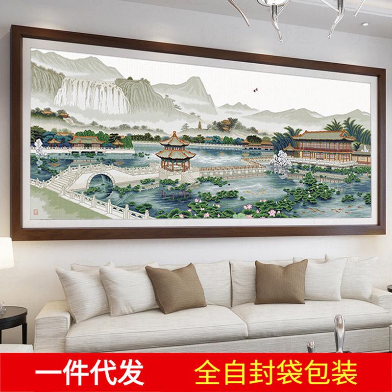5d钻石画满钻石绣客厅大幅园林晨晓贴钻十字绣荷塘山水风景砖石画