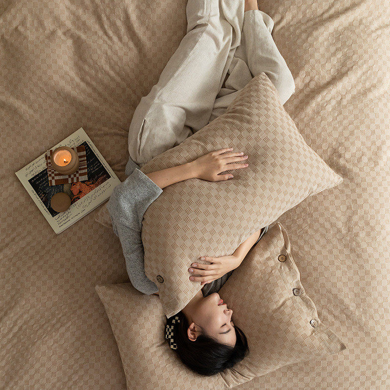 热销简约日式纯棉华夫格四件套纯色全棉被套床单家用酒店民宿床上