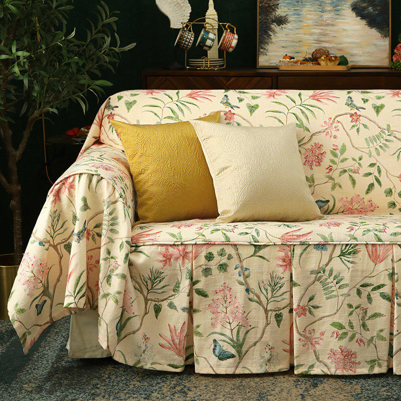 26n防猫抓美式全沙发巾垫套花鸟盖布防尘罩布欧式现代四季通用可