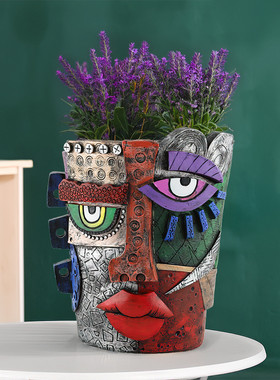 新品流泪人脸抽象多彩花盆创意艺术家居桌面庭院花园布景摆件