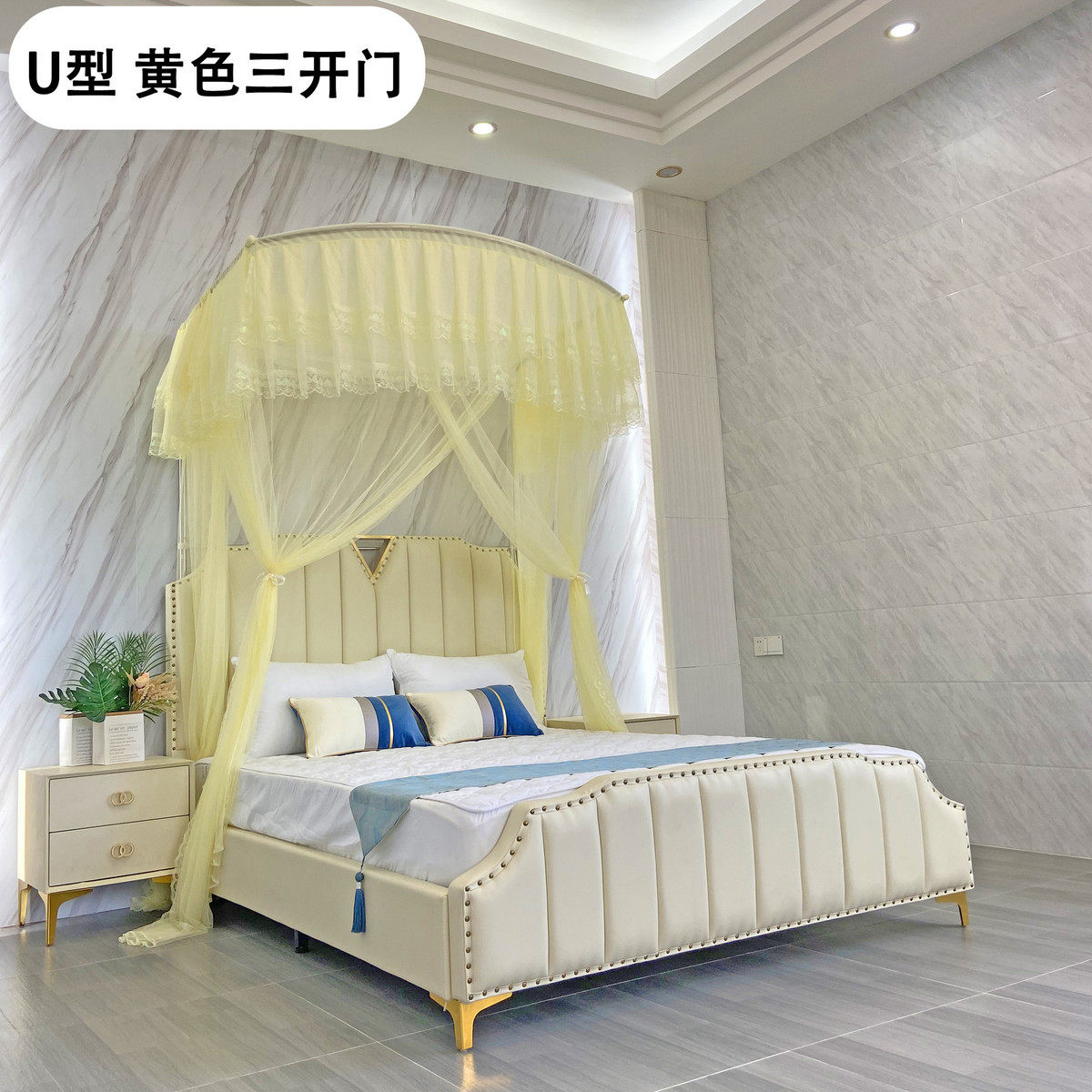 加密家用钢架单三门蚊帐落地厚不锈高1.35m1.h*u型可拆洗伸缩床帘