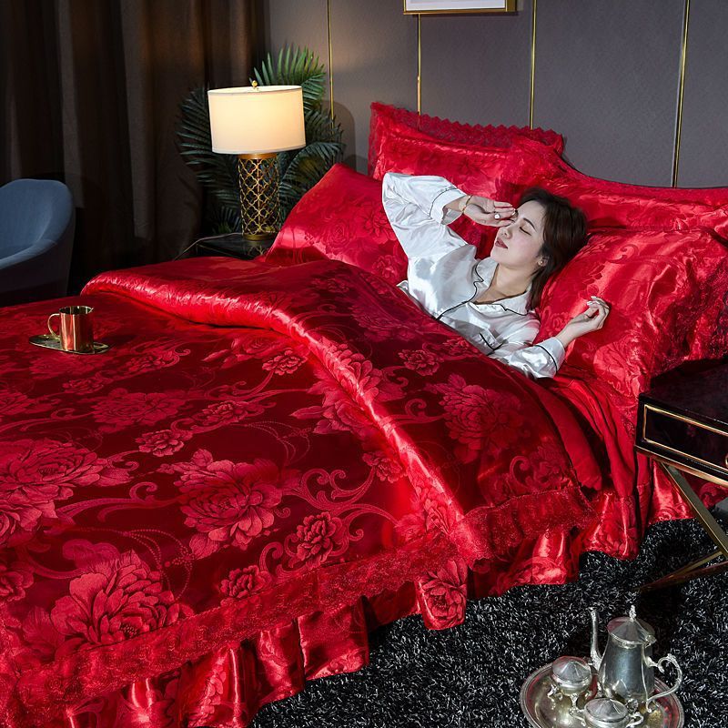 欧式提花款四件套贡缎床裙蕾丝边单双人家用网红被套被罩床上用品
