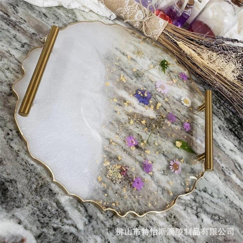 香薰托盘 托盘珠光白透明真花干花金箔法式树脂滴胶时尚把手托盘卧室置物盘