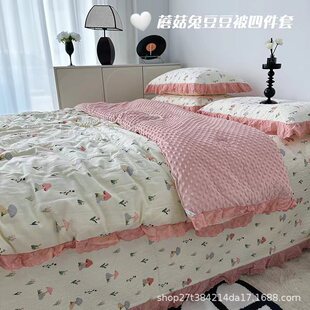 2023新款秋冬全棉法式床盖款豆豆被四件套