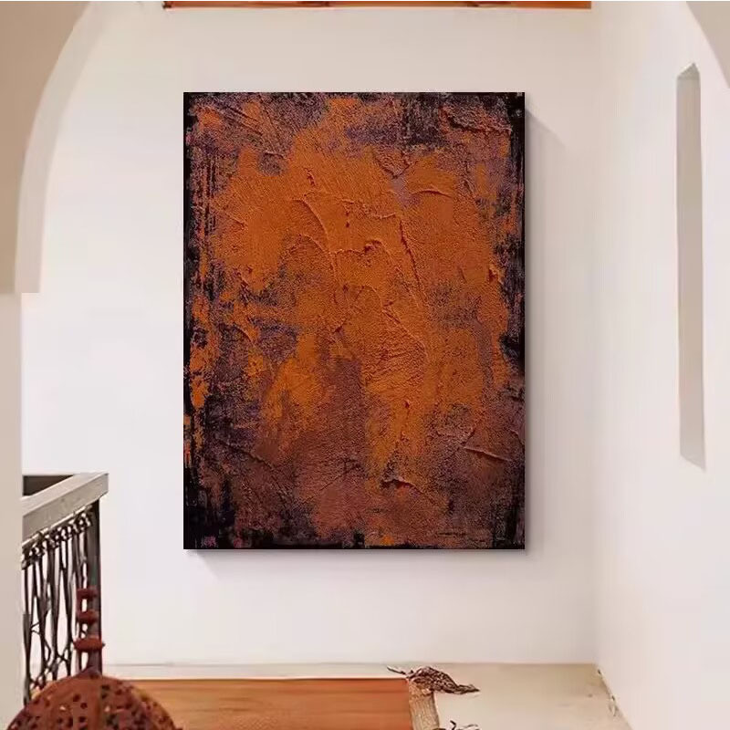 纯小众红色客厅背景墙装饰画手绘油画立体肌理高档走廊过道壁画图片