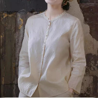 2021秋文艺复古中式柞蚕丝桑蚕丝立领宽松长袖休闲衬衫上衣女