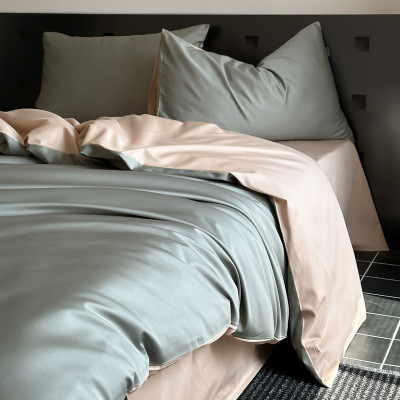 轻奢床笠100s贡缎全棉床上四件套简约撞色床单被套纯色床品1.8m