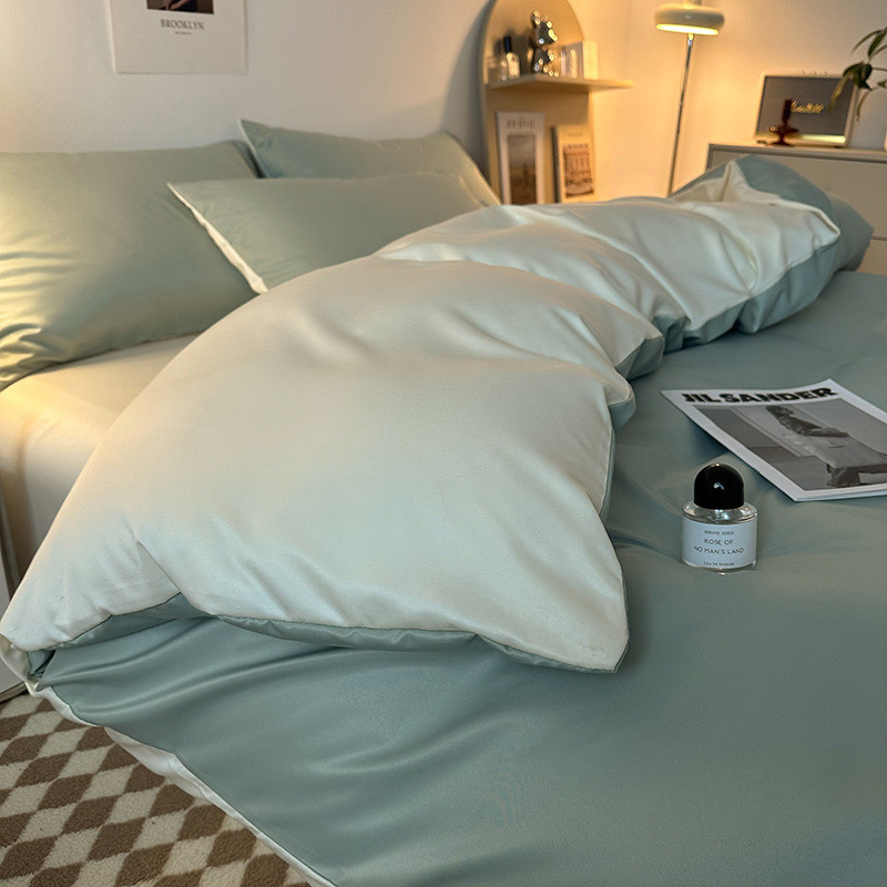 夏天简约床单被罩冰丝四件套夏季裸睡丝滑凉感床上学生宿舍三件套