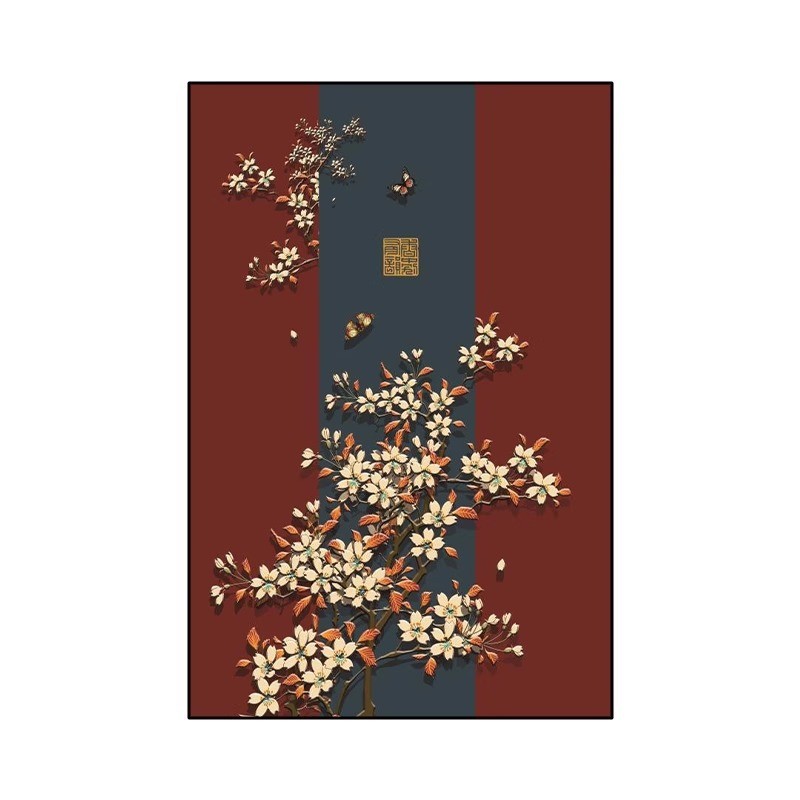 新中式竖版客厅壁画红色中国风古典花鸟背景墙玄关茶室装饰画挂画