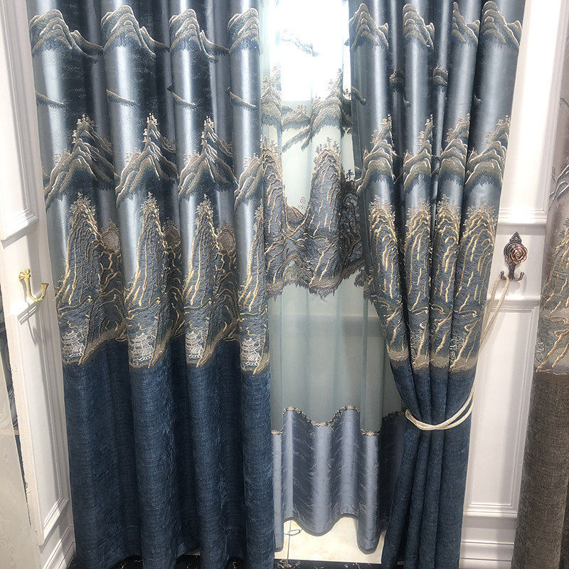 客厅山水画精密立体绣花新中式别墅厂家直销绣花窗帘窗纱全屋