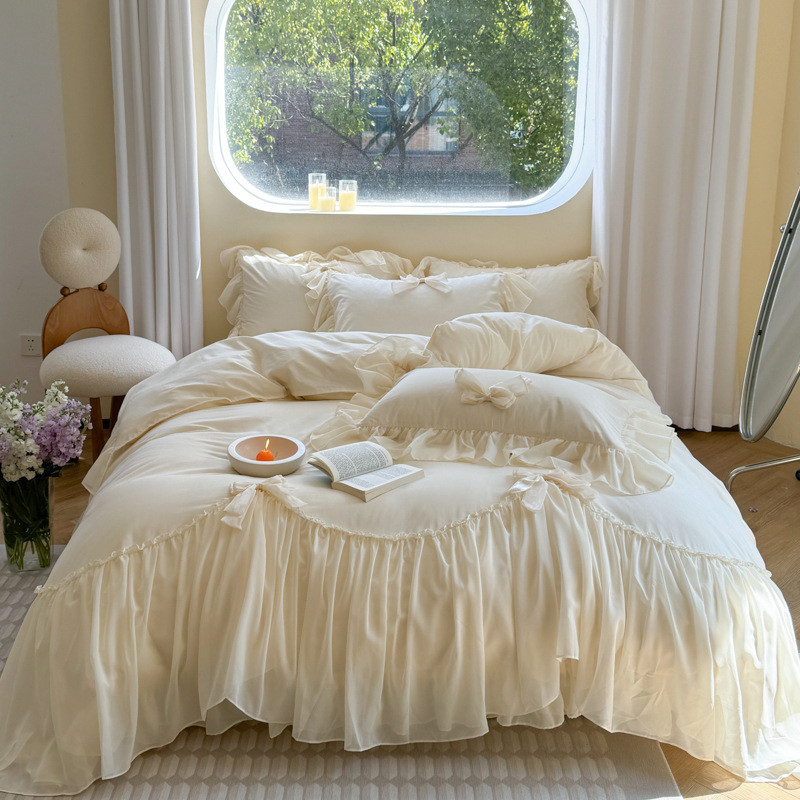 2024新款高密高支雪纺花边手工蝴蝶结四件套-小仙女1.8m床单款四