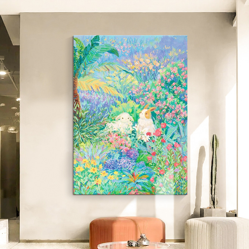 彩色花海卉手绘油画抽象兔子丙烯客厅装饰画小众2025新款玄关挂画图片
