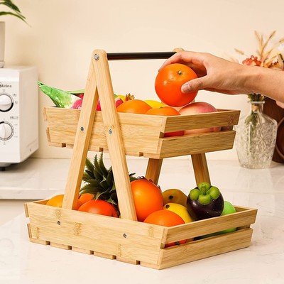 木质双层手提置物架竹制厨房收纳筐蔬菜水果收纳架厨房台面收纳篮