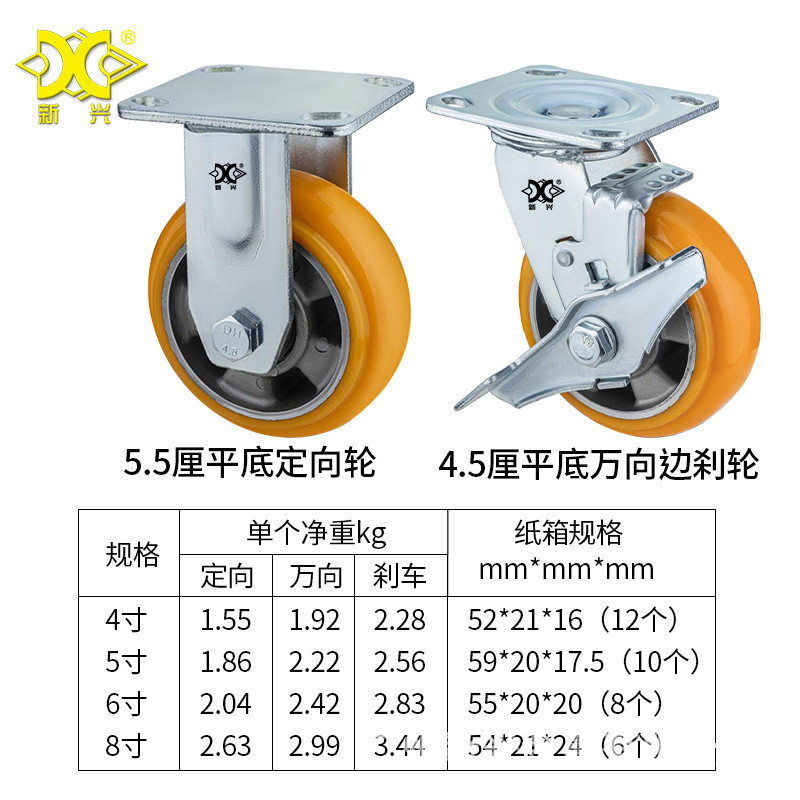 定批发重型4寸5寸6寸8寸圆边橙色pu万向轮厂家轮刹车
