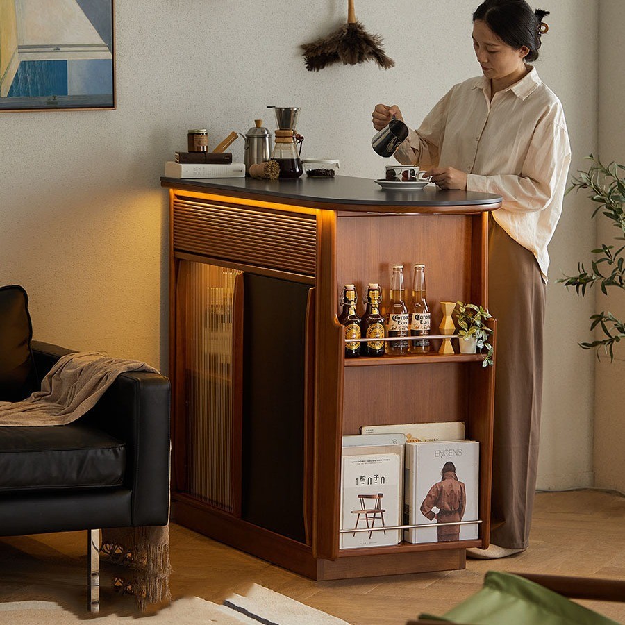 北欧实木岛台家用小户型板岩多功能工作台餐厅复古储物隔断吧台柜