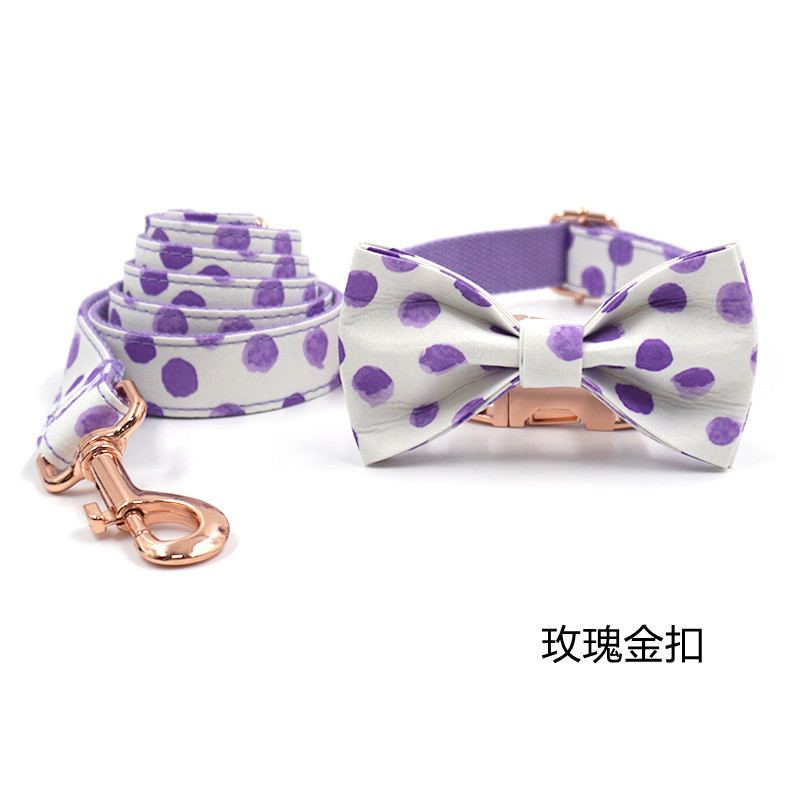 迷哈老板经典波点项圈项圈牵引绳蝴蝶结玫瑰金扣紫色牵引带