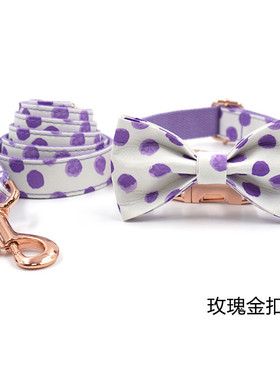 老板哈迷经典波点紫色项圈牵引绳蝴蝶结玫瑰金扣项圈牵引带