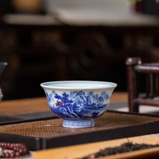 景德镇七丞堂仿古茶具青花山水清流胜境陶瓷纯手工压手杯主人杯泥