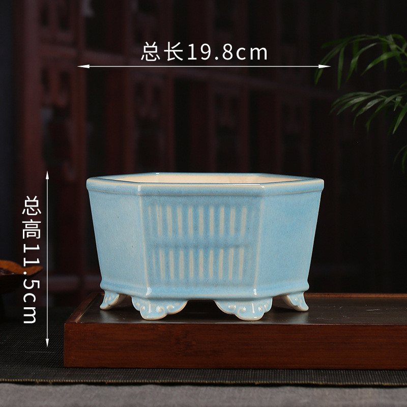 水釉紫砂花盆批发复古云脚六边形绿萝多肉盆景盆桌面创意装饰yz10