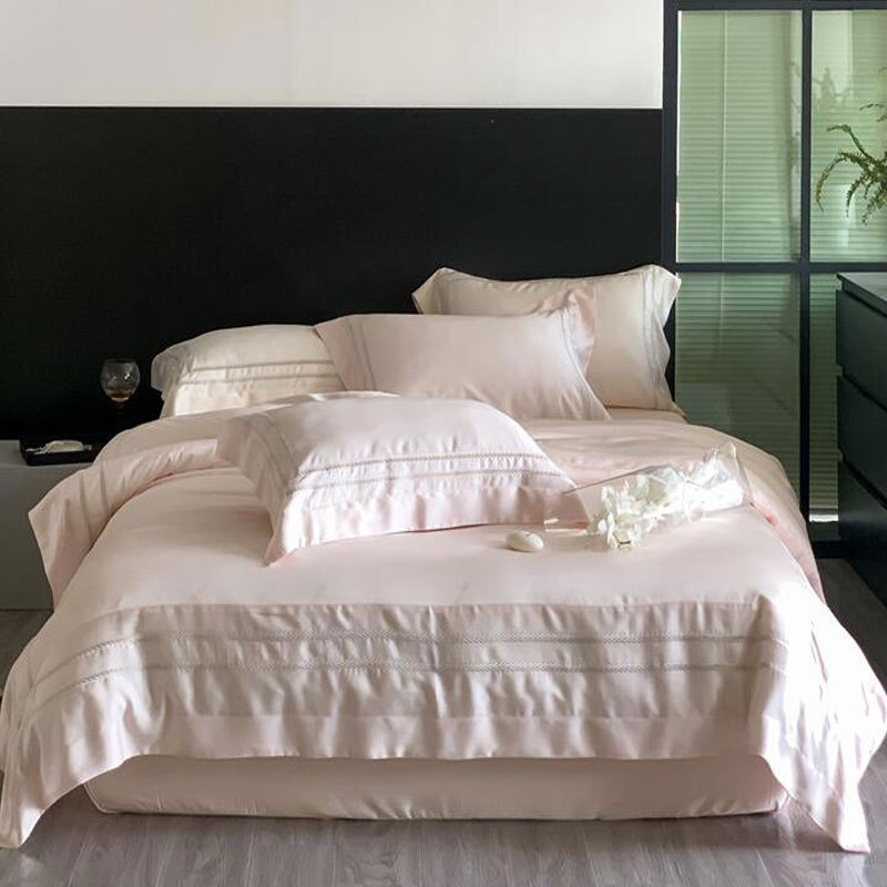 7l8k夏季简约轻奢风80被套天丝四件套双面冰丝粉色支凉感纯色床上