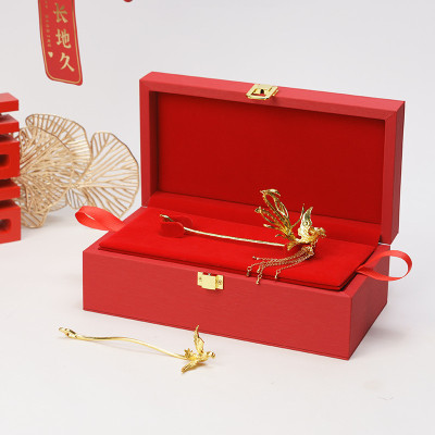 凤钗盒婚庆婚嫁木制拉丝皮黄金珠宝首饰收纳盒发簪盒中国风金钗盒
