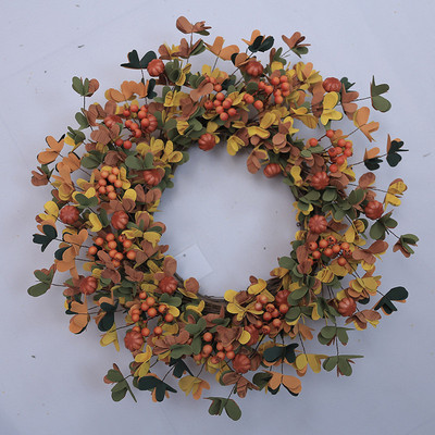 仿真花环橘色金钱叶假花挂饰浆果迷你南瓜装饰丰收节感恩节门挂
