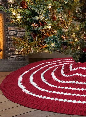 2023新款圣诞树用品48英寸白圈纹红色腈纶圣诞底围裙针织圣诞树裙