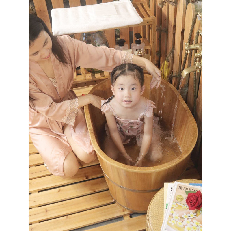 热销qpx洗澡桶儿童圆形沐浴桶实木木制浴缸家用木桶沐浴小户型保