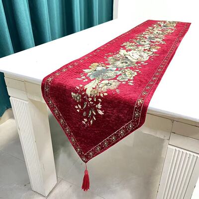 雪尼尔提花金丝绣花桌旗流苏坠子床尾旗过年节日餐桌垫可改尺寸