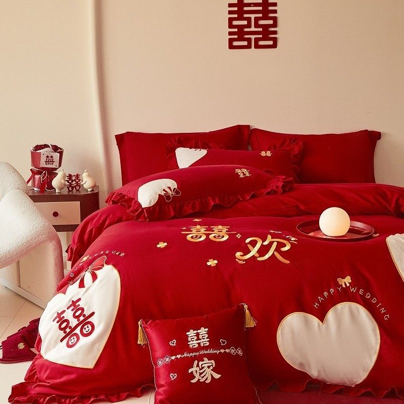 中式刺绣澳棉磨毛婚庆四件套大红色床单被套多件套结婚床上用品4