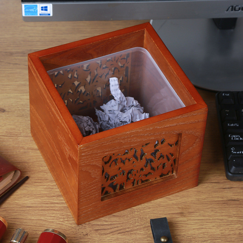 3t23批发木质仿古迷你桌面垃圾桶小号新中式客厅卧室茶几木制收纳