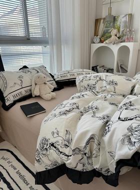 1vpr床单赫本风黑色花边手绘小花水洗棉四件套被套床笠学生复古三